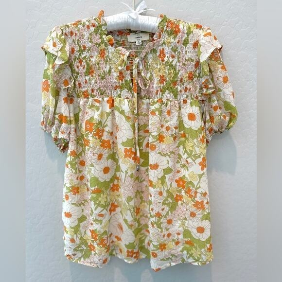 ENTRO | 70s Boho Floral Smocked Puff Sleeve Blouse Top | Medium - Picture 1 of 8